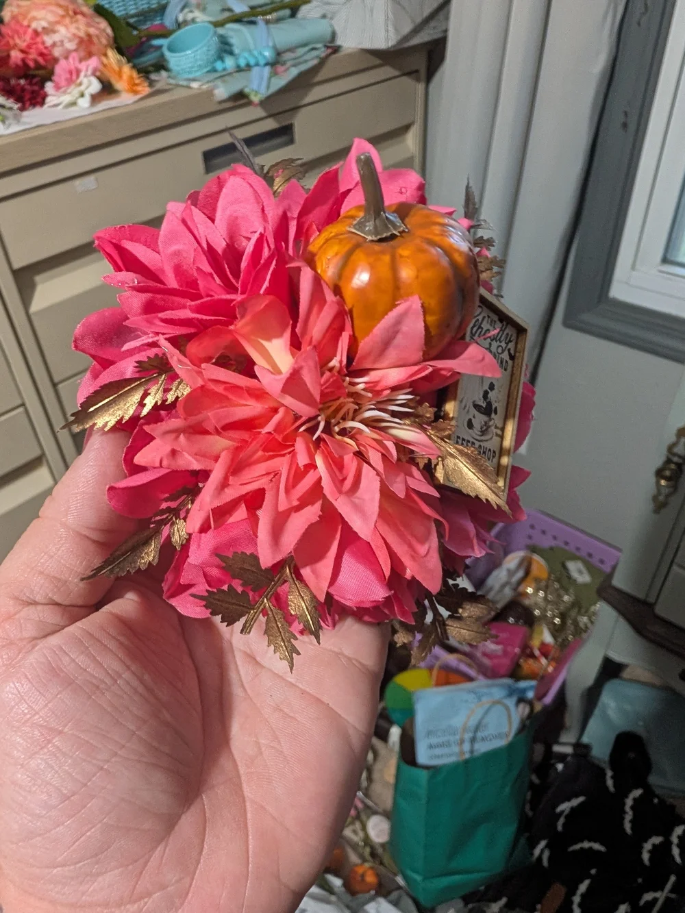 Pink Floral Pumpkin Hair Accent with Gold Leaves
